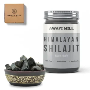 Jar of authentic Awafi Mill Himalayan Shilajit resin, a natural supplement rich in minerals and fulvic acid, supporting overall health and vitality.