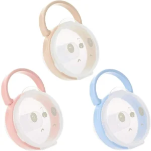 Three Excefore baby dummy cases in different colors, ideal as a pacifier holder and storage container for keeping your infant's soothers clean and dust-free while traveling.