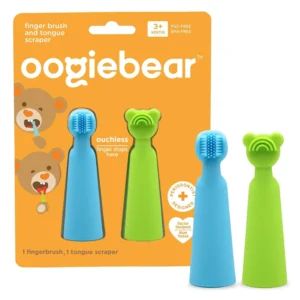 The oogiebear baby finger brush with soft silicone bristles gently cleans baby's teeth and gums while the tongue scraper removes milk buildup, promoting healthy oral development.
