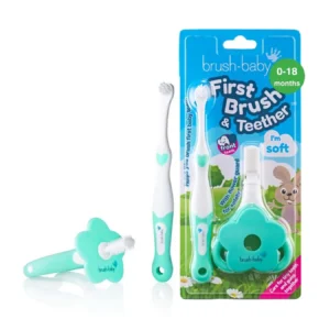This baby teeth care set includes a gentle first toothbrush for introducing oral hygiene and a soothing teether to relieve sore gums during early teething.