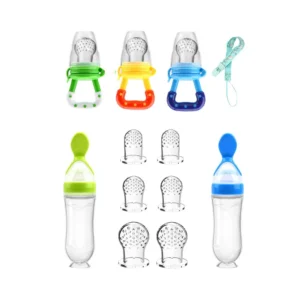 This baby food feeder set includes three fruit pacifiers with six silicone teats, two dispensing spoons, and a pacifier clip for convenient and safe baby feeding.