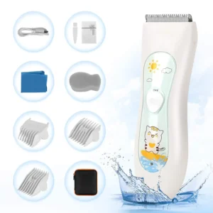 Silent and waterproof baby hair clipper with three guide combs, a USB charging cable, and a carrying case, designed for safe and easy haircuts for babies, toddlers, and children.