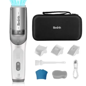 This baby hair clipper features a vacuum, safe ceramic blades, three guide combs, and is waterproof and USB rechargeable for safe and easy hair trimming for infants, toddlers and children.