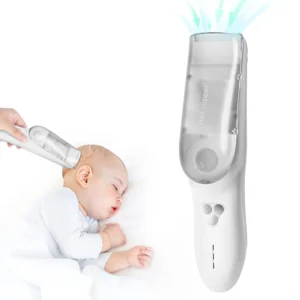 Cordless baby hair clippers with vacuum suction, designed for quiet operation and easy hair collection while cutting baby's fine hair, are waterproof and rechargeable.