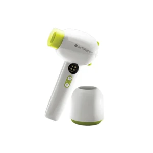 Green Bc Babycare cordless hair dryer designed for gentle use on babies and kids, featuring a charging base, concentrated nozzle, and quiet operation.