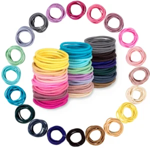 A collection of 200 small, colorful hair ties in about 20 different colors, perfect for creating ponytails and hairstyles for babies, toddlers, and little girls.
