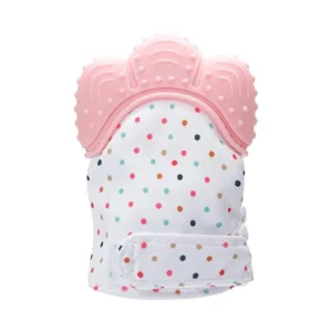 A baby chews on a coolbaby doughnut-shaped teether mitten glove, made from safe, non-toxic, food-grade silicone, designed to soothe gums and prevent finger biting.