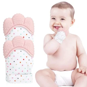 Pink baby teething mitten made with soft food grade silicone to relieve sore gums and protect baby from scratching, with crinkle sound for self-entertaining.