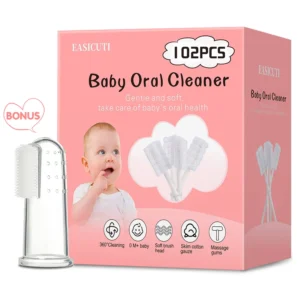 This image shows a pack of baby tongue cleaners and a finger toothbrush, designed for gentle oral care for newborns and infants aged 0-36 months.