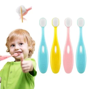 Four extra soft baby toothbrushes with 10000 micro fine bristles for gentle gum care are displayed in a transparent box.