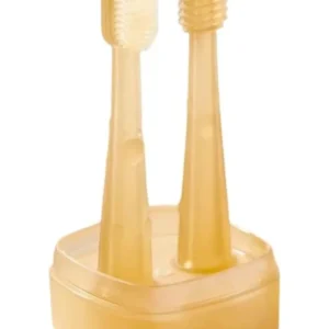 This baby toothbrush and tongue cleaner set includes a soft silicone toothbrush, tongue brush, and travel case for gentle oral care for infants 0-18 months.