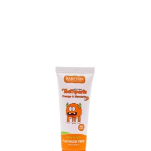 Babyton natural toothpaste with orange and mandarin flavor is safe for babies 6 months and older because it's fluoride-free, contains 40% Xylitol to help prevent cavities, and gently cleans teeth.
