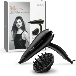 Black BaByliss Turbo Smooth 2200 hair dryer with diffuser and concentrator, featuring ionic technology for frizz reduction and enhanced shine.