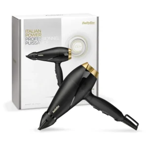 Professional BaByliss 2000W hair dryer in black and gold with a slim concentrator nozzle, offering fast drying and styling.