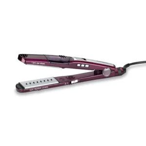 Purple BaByliss hair straightener with nano titanium ceramic coating for soft and strong hair, featuring high-performance heating and ceramic plates.