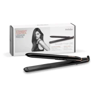 Black BaByliss ST250SDE hair straightener with titanium ceramic plates for efficient, salon-quality straightening at home.