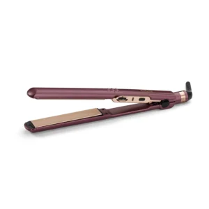 The BaByliss Berry Crush 230 hair straightener features long ceramic plates and ten heat settings for versatile styling, including straightening, curling, and waving, with a long swivel cord for easy use.