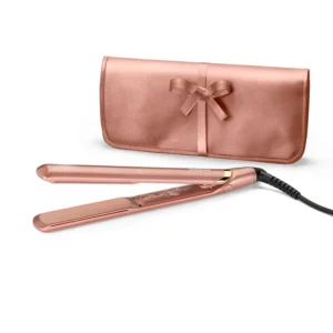 Rose gold BaByliss hair straighteners with ceramic plates heat up in 15 seconds, offering 3 heat settings up to 235°C and multi-voltage for worldwide use.
