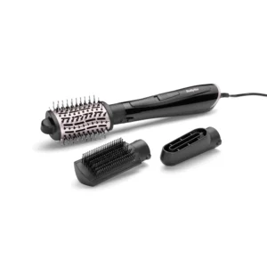 The BaByliss 3-in-1 hot air brush features a powerful 1000W motor, wide oval brush, and pre-drying attachment for fast, smooth, and voluminous styling.