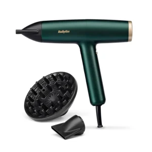 The BaByliss 1600W digital hair dryer with ionic technology is shown with its diffuser and concentrator attachments, designed for fast drying, frizz reduction, and professional styling.