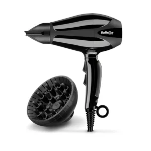 Black BaByliss Pro hair dryer with ionic frizz control, salon motor, ultra-slim nozzle and diffuser for fast drying and versatile styling.