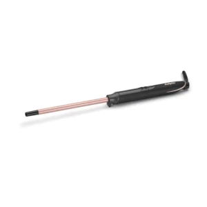 A BaByliss Rose Quartz curling iron with a 10mm ceramic barrel, perfect for creating tight, defined curls with digital heat settings up to 210°C.