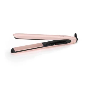 Pink BaByliss Rose Blush hair straighteners with titanium ceramic plates for sleek, frizz-free styling.