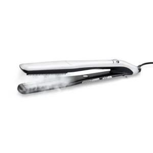 BaByliss Steam Lustre hair straightener with advanced ceramic heating and 360° surround steam technology, shown against a neutral background, promising silky-smooth, salon-quality results at home.