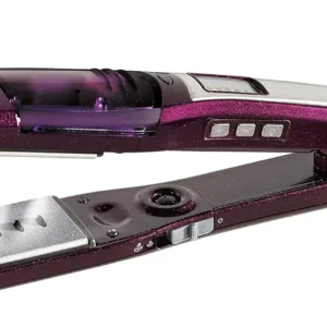 Purple BaByliss hair straightener with nano titanium ceramic coating and steam function for advanced hair protection and sleek, frizz-free styles.