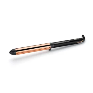 Black BaByliss Titanium Brilliance Waves wand with a 28mm true-titanium barrel, showcasing its extra-long design and digital heat settings for effortless waves.