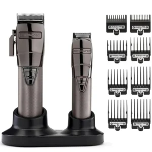 Close-up of the black BaBylissPRO cordless hair clipper and trimmer featuring precision Japanese steel blades and a high-torque brushless motor.