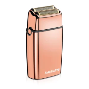 Close-up of the rose gold BabylissPRO FoilFX02 cordless metal shaver with double foil, showcasing its all-metal housing and included storage pouch.