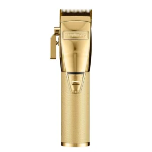 Professional BaBylissPRO GOLDFX+ hair clipper with all-metal housing and DLC/Titanium gold taper blade for cordless or corded use.