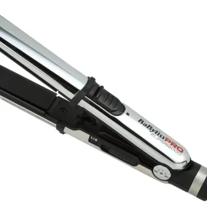 The BaBylissPRO mini hair straightener features smooth stainless steel plates in a compact, travel-friendly design for quick and effective styling on short to medium hair.