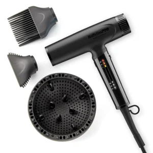 The BabylissPRO Nano Titanium lightweight hair dryer in matte black features ionic technology for smooth, shiny, frizz-free results and includes a diffuser attachment.