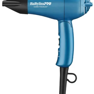 Blue BaBylissPRO Nano Titanium Travel Dryer with foldable handle and dual voltage, great for all hair types and international travel.