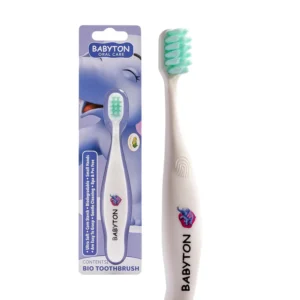 Eco-friendly Babyton bio toothbrush made from biodegradable corn cob with soft, cottony bristles and an ergonomic handle for babies and toddlers.