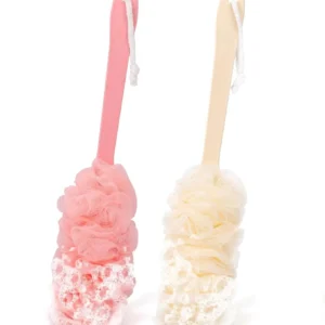 This 2-pack back scrubber set includes loofahs with long handles for easy exfoliation and cleansing in the shower, suitable for both men and women and gentle enough for all skin types.