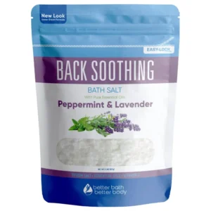 Back soothing bath salt with eucalyptus and lavender essential oils provides comfort and relief, made with USP grade Epsom salt and vitamin C crystals.