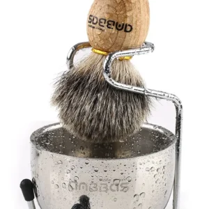 This Anbbas badger hair shaving brush kit includes a handcrafted wooden handle brush, a stainless steel stand, and a two-layer shaving soap bowl perfect for creating thick, glossy lather.