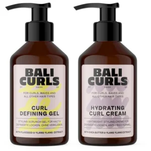 The Bali Curls Curl Defining Set, including hydrating cream and defining gel, provides moisture, definition, and flexible hold for smooth, naturally shiny curls.