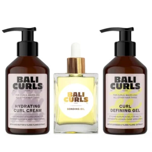 The Bali Curls set provides complete care for defined, shiny, and nourished curls, including hydrating curl cream, curl defining gel, and bonding oil for moisture, definition, and protection for all curl types.