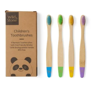 This four-pack of Wild & Stone organic bamboo toothbrushes for kids features soft, vegan, BPA-free nylon bristles and a biodegradable handle, offering an eco-friendly alternative to plastic toothbrushes.