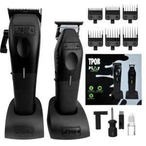 This professional blackout hair clipper and trimmer set includes 6 guide combs, a charging base, and oil reservoirs to keep the blade lubricated for a longer-lasting, precise cut.