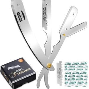 This premium stainless steel barber straight edge razor kit is a perfect Valentine's Day gift, featuring a smooth metal grip, durable construction, and comes with 100 Derby replacement blades for a salon-quality shave.