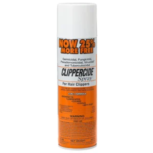 A can of Barbicide Clippercide spray, effective as a bactericidal, fungicidal, virucidal, and tuberculocidal solution that cleans, cools, and lubricates clipper blades for longer cutting life.