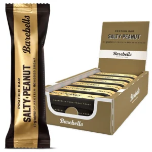 Twelve Barebells Salty Peanut protein bars, each containing 20 grams of protein and no added sugar, offer a delicious and healthy snack alternative.