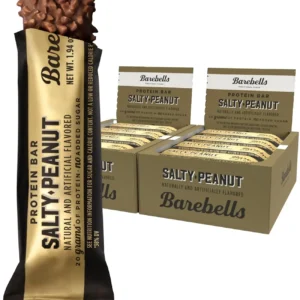 Two boxes of Barebells Salty Peanut protein bars, each containing 12 bars with 20g of protein and no added sugar, make a great on-the-go snack.