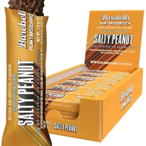 Barebells Vegan Protein Bar in Salty Peanut flavor, a plant-based chocolate snack with 15g of protein, perfect as a gluten-free and artificial ingredient-free on-the-go breakfast bar.