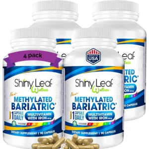 Shiny Leaf bariatric multivitamin with 45mg of iron and methylated B12 and folate, designed for gastric bypass and sleeve gastrectomy patients for maximum absorption and energy.